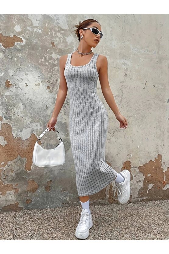 Kadın Kalın Askılı Kare Yaka Fitilli Kaşkorse Midi Boy Elbise