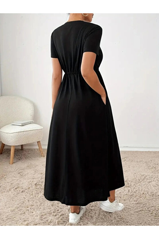 MDB Kadın Kısa Kollu Bisiklet Yaka Belden Bağcıklı Cepli Viskon Elbise