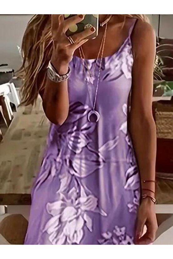 Kadın Askılı Yuvarlak Yaka Etek Geniş Kesim Desenli Süprem Elbise