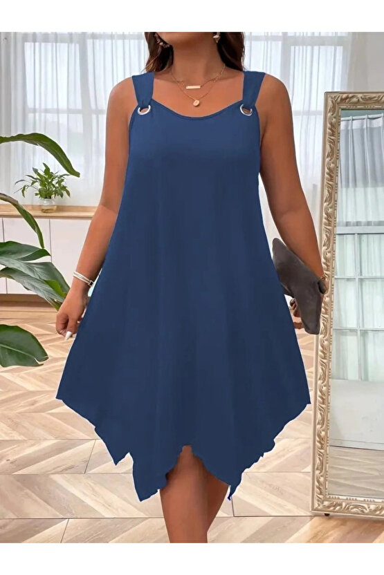 MDB Kadın Askılı Yuvarlak Yaka Kuş Gözü Detaylı Asimetrik Viskon Elbise