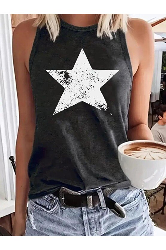 Kadın Askılı Yuvarlak Yaka Yıldız Desenli Süprem Bluz