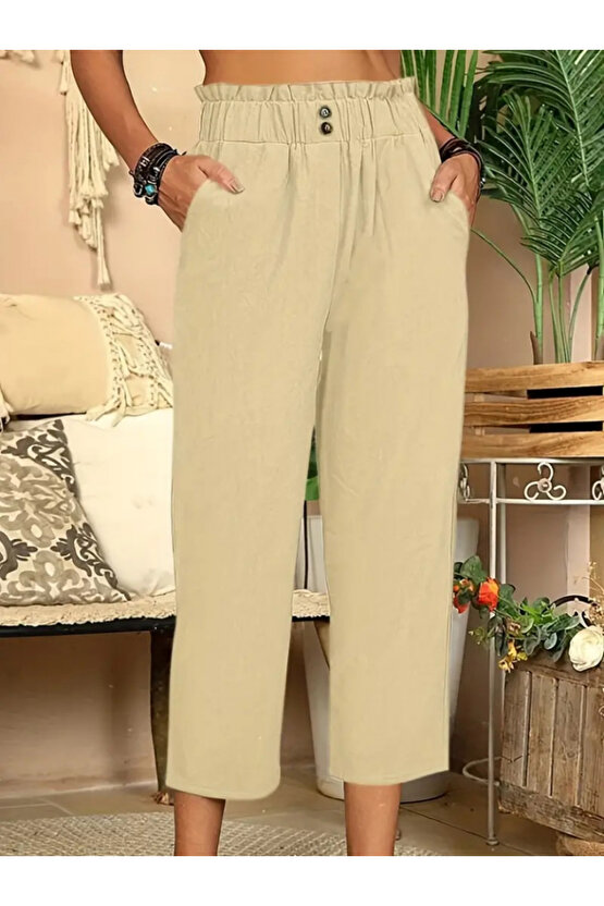 Gökyüzü Moda Kadın Bel Büzgü Ve Düğme Detay Kapri Keten Pantolon