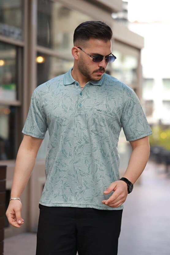 Erkek Yakalı Jakar Baskılı Kısa Kollu T-shirt