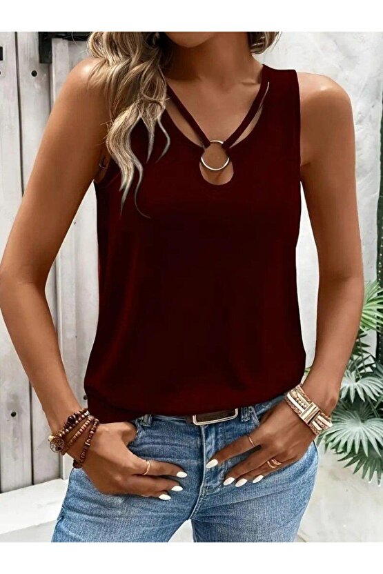 Kadın Askılı Yaka şerit Halka Detaylı Viskon Bluz