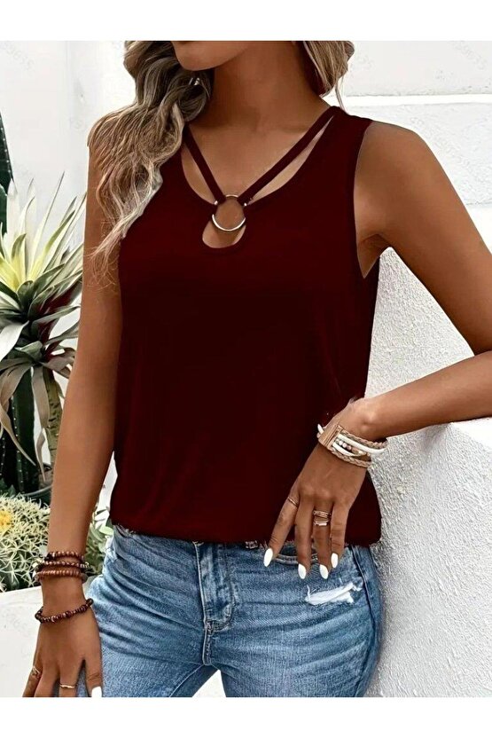 Kadın Askılı Yaka şerit Halka Detaylı Viskon Bluz