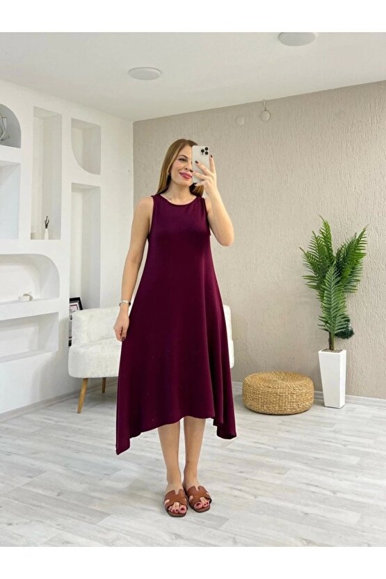 Kadın Askılı Yuvarlak Yakalı Asimetrik Kesim Detaylı Viskon Elbise