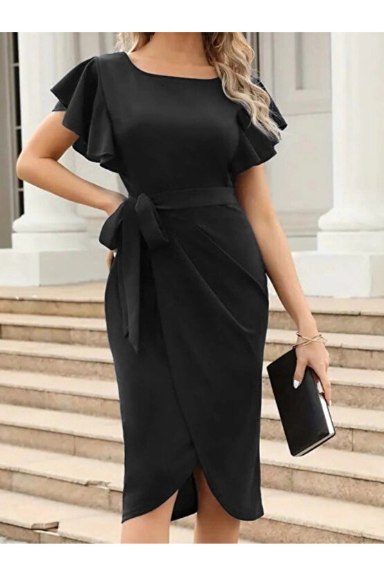 MDB Kadın Kısa Fırfır Kollu Yakası Açık Belden Kuşaklı çapraz Kesim Detaylı Ithal Krep Elbise