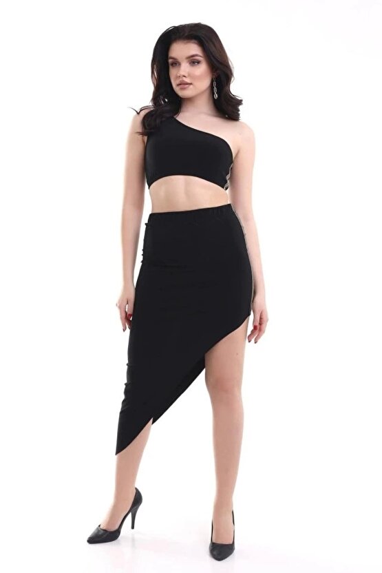 Kadın Tek Omuzlu Asimetrik Etek Şerit Detaylı Fırsat Ürün Sandy Kumaş İkili Takım