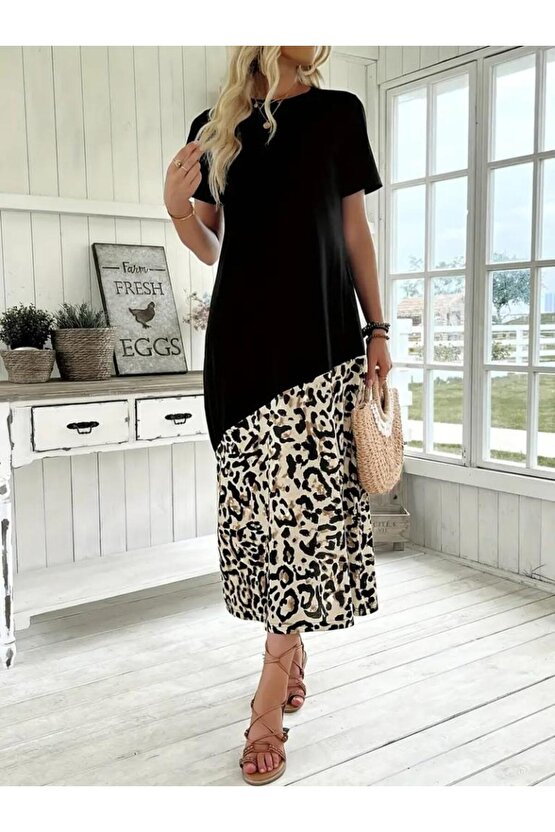 Kadın Kısa Kollu Bisiklet Yaka Leopar Detaylı Midi üst Viskon Alt Süprem Elbise