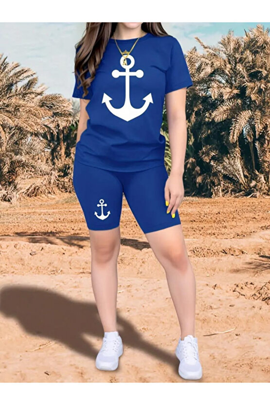 Kadın Kısa Kollu çapa Baskılı Viskon Ikili Takım