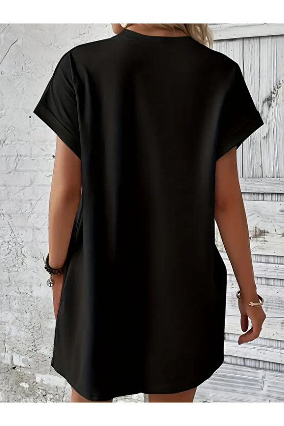 Kadın Kısa Kollu Bisiklet Yaka Cepli Kelebek Baskılı Viskon Elbise