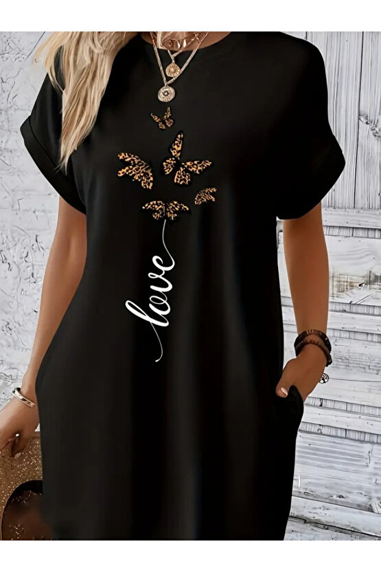 Kadın Kısa Kollu Bisiklet Yaka Cepli Kelebek Baskılı Viskon Elbise