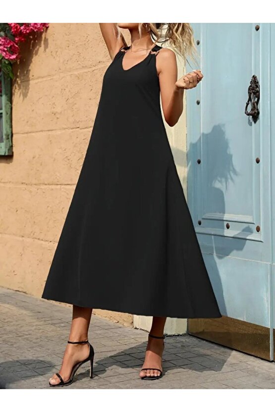 Kadın Askılı V Yakalı Halka Detaylı Maksi Boy Viskon Elbise