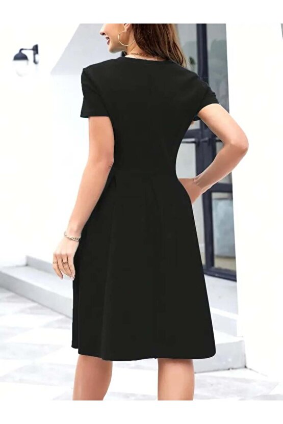 Kadın Kısa Kollu Bisiklet Yaka önden Pile Detaylı Janjan Krep Elbise