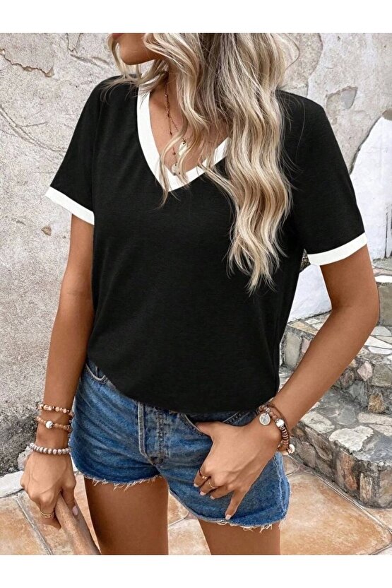 Kadın Kısa Kollu V Yakalı Viskon Bluz