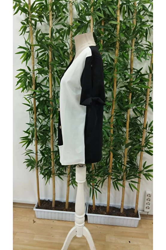 MDB Kadın Kısa Kollu Kollardan Bağlamalı önden Asimetrik Kesim çift Renk Detaylı Düğmeli Ithal Krep