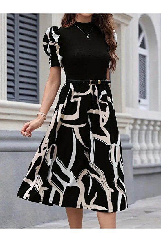 Kadın Kısa Kollu Yarı Balıkçı Yaka üst Viskon Alt Desenli Dokuma Midi Elbise