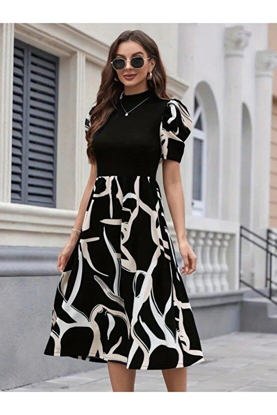 Kadın Kısa Kollu Yarı Balıkçı Yaka üst Viskon Alt Desenli Dokuma Midi Elbise