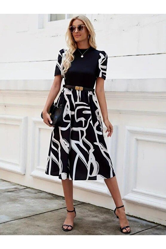 Kadın Kısa Kollu Yarı Balıkçı Yaka üst Viskon Alt Desenli Dokuma Midi Elbise