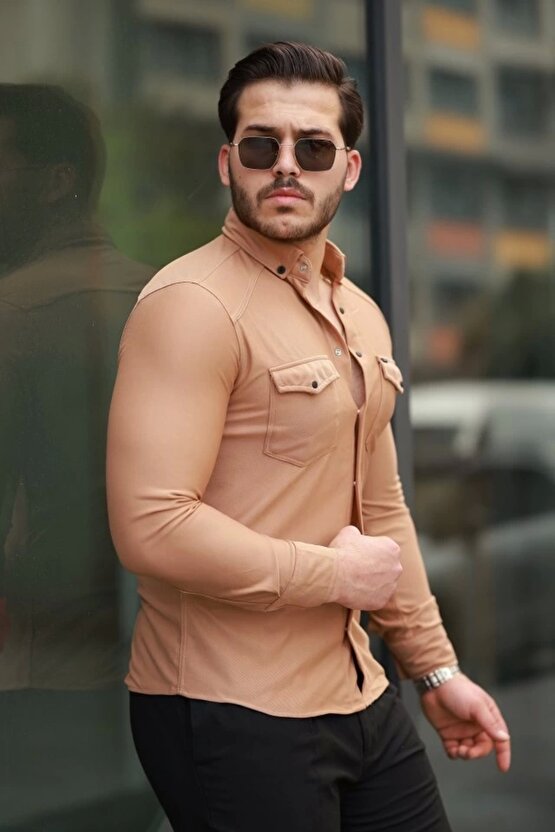 Erkek çift Cepli çıtçıt Düğmeli Uzun Kollu Gömlek