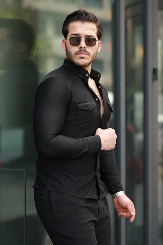 Erkek çift Cepli çıtçıt Düğmeli Uzun Kollu Gömlek