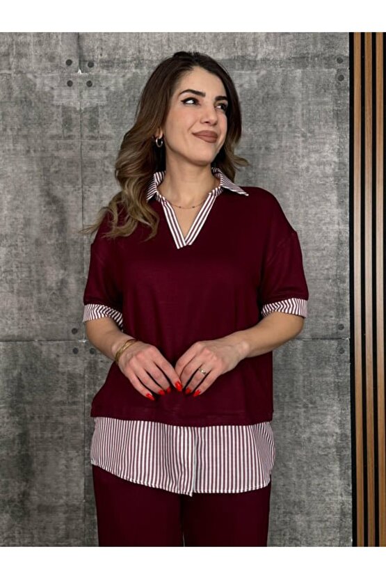 Edolika Kadın Modal Kumaş çizgili Gömlek Yaka Ikili Takım