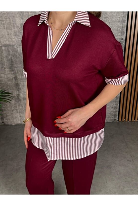 Edolika Kadın Modal Kumaş çizgili Gömlek Yaka Ikili Takım