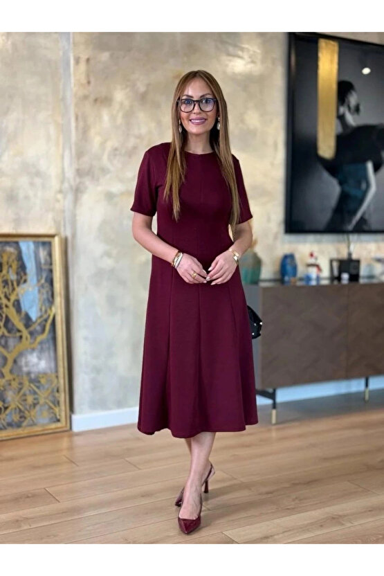 MDB Kadın Kısa Kollu Bisiklet Yaka Midi Viskon Iki Iplik Elbise