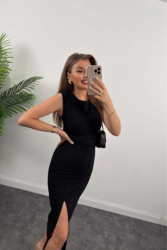 Kadın Askılı Kolsuz Belden Büzgülü Yırtmaçlı Midi Janjan Krep Elbise