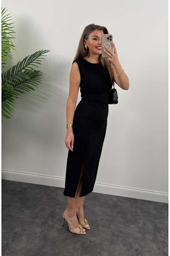 Kadın Askılı Kolsuz Belden Büzgülü Yırtmaçlı Midi Janjan Krep Elbise