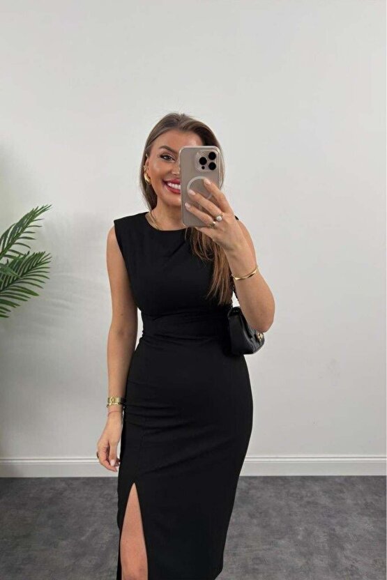 Kadın Askılı Kolsuz Belden Büzgülü Yırtmaçlı Midi Janjan Krep Elbise