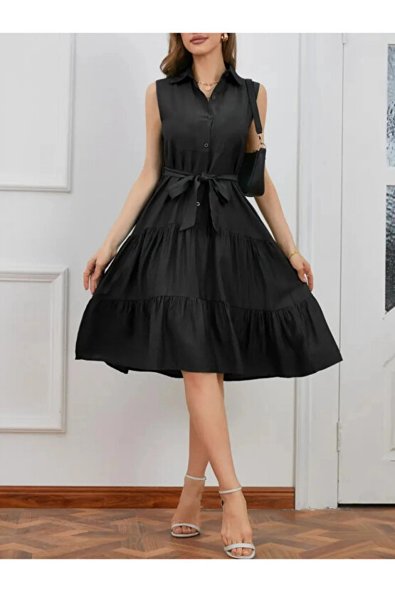 MDB Kadın Kısa Kollu Gömlek Yaka Düğmeli Beli Kuşaklı Katlı Dokuma Midi Elbise