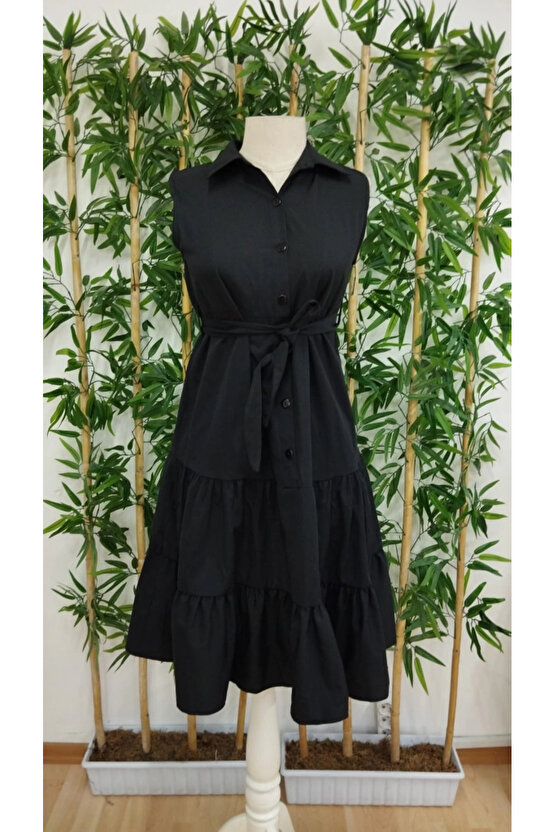 MDB Kadın Kısa Kollu Gömlek Yaka Düğmeli Beli Kuşaklı Katlı Dokuma Midi Elbise