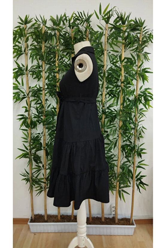 MDB Kadın Kısa Kollu Gömlek Yaka Düğmeli Beli Kuşaklı Katlı Dokuma Midi Elbise