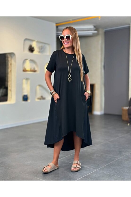 Kadın Kısa Kollu Bisiklet Yaka Asimetrik Kesim ön Viskon Arkası Trikoton Elbise