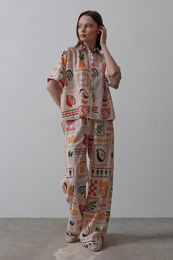 Vivaletta Baskılı Kısa Kol Pantolon Takım - Taş-oranj