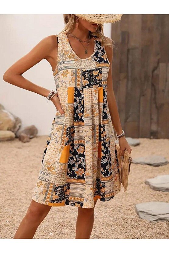 Kadın Sıfır Kol Yuvarlak Yaka çiçek Desenli Süprem Elbise