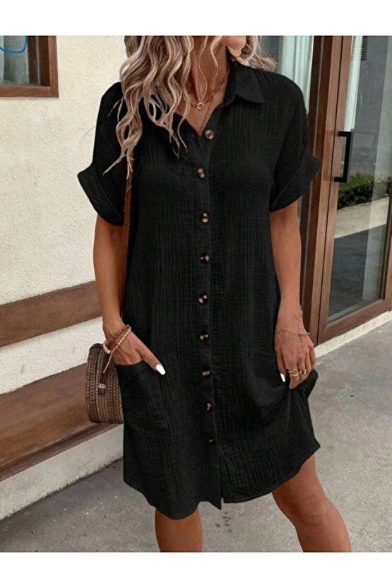 Kadın Kısa Kollu Bisiklet Yaka Yandan Yırtmaçlı Viskon Midi Elbise