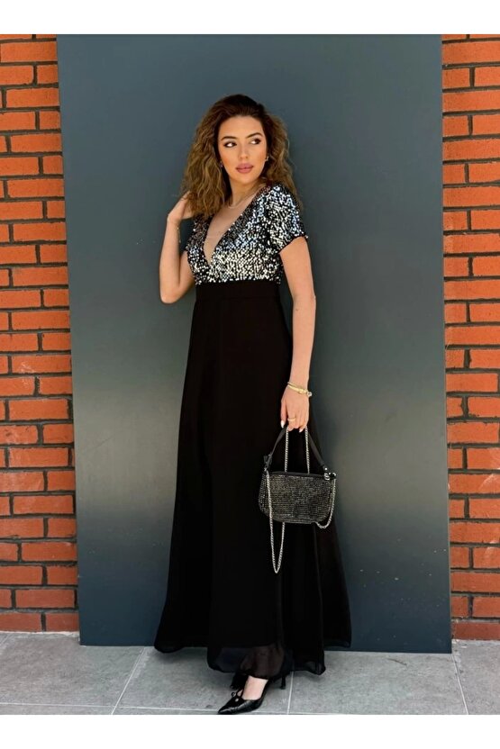 Kadın Kısa Kollu Derin V Yakalı A Kesim Pulpayet Detaylı şifon Nedime Elbisesi