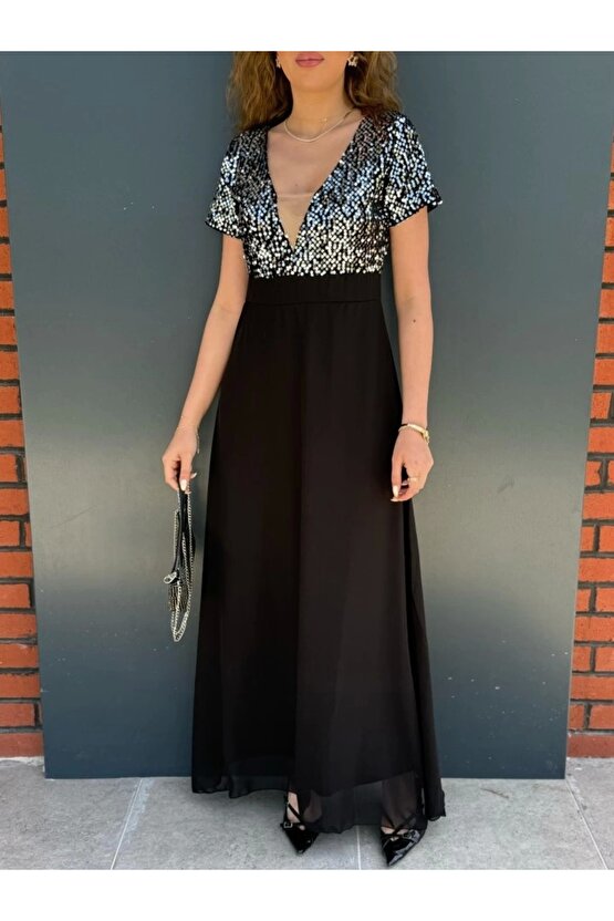 Kadın Kısa Kollu Derin V Yakalı A Kesim Pulpayet Detaylı şifon Nedime Elbisesi