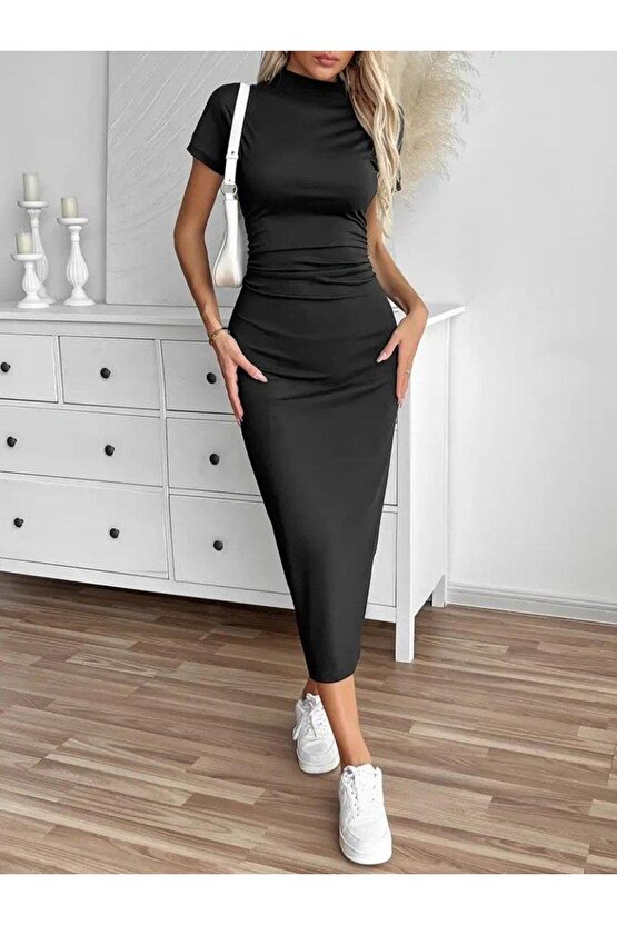 Kadın Yarı Balıkçı Yaka Yırtmaçlı Dalgıç Midi Elbise