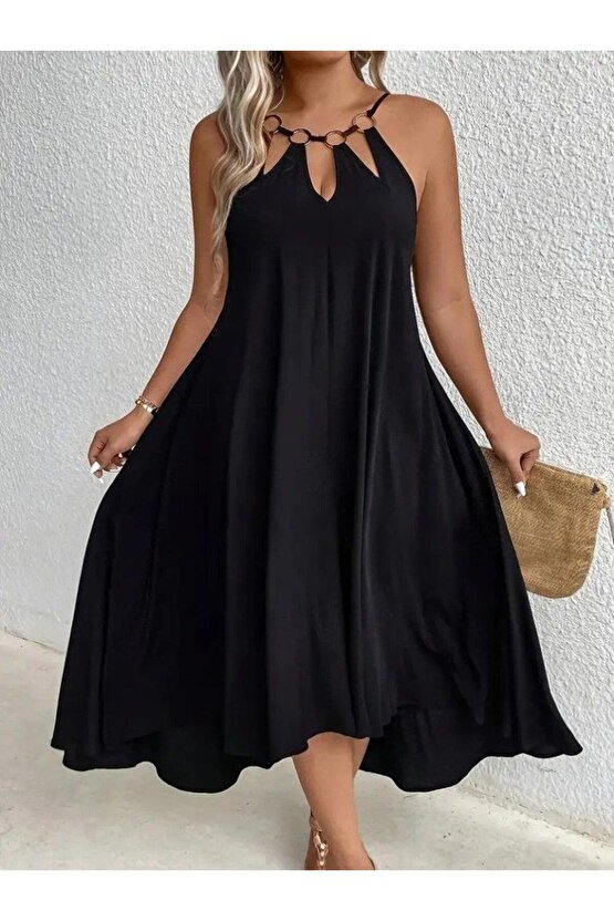 Kadın Boyundan Askılı Damla Detaylı Halkalı Asimetrik Kesim Viskon Elbise