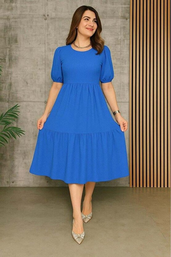 Kadın Kısa Kollu Yakası Açık Katlı Bürümcük Balon Elbise