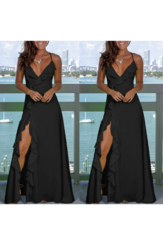 Kadın Ip Askılı Dekolteli Yırtmaç Detay Krep Elbise