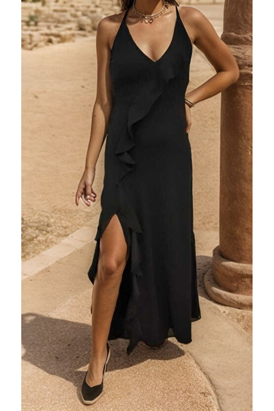 Kadın Ip Askılı Dekolteli Yırtmaç Detay Krep Elbise