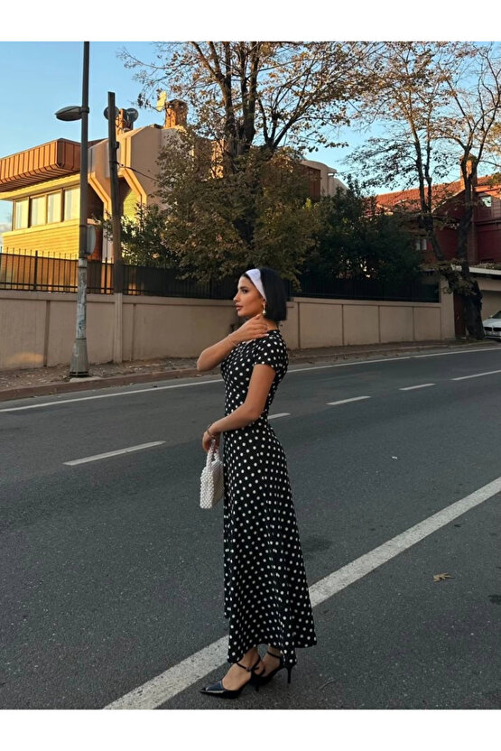 Kadın Kısa Kollu Bisiklet Yaka Puantiyeli Maksi örme Krep Elbise