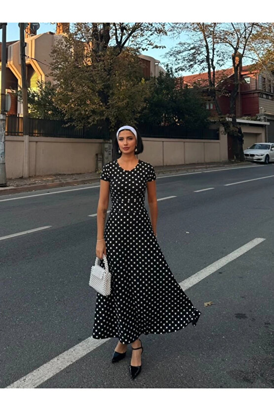 Kadın Kısa Kollu Bisiklet Yaka Puantiyeli Maksi örme Krep Elbise