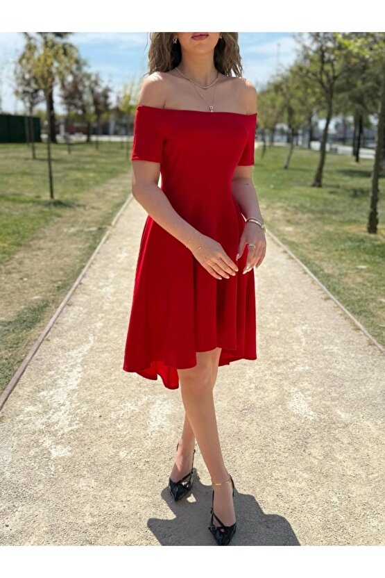 Kadın Kısa Kollu Madonna Yaka önü Kısa Arkası Uzun Ithal Krep Elbise