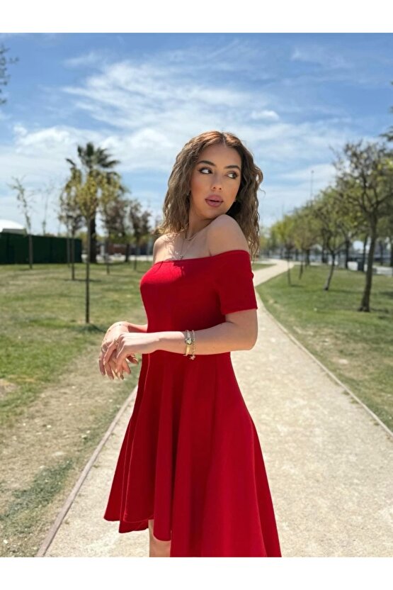 Kadın Kısa Kollu Madonna Yaka önü Kısa Arkası Uzun Ithal Krep Elbise