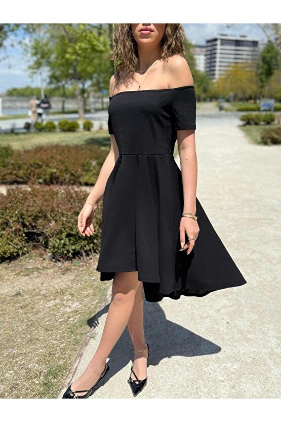 Kadın Kısa Kollu Madonna Yaka önü Kısa Arkası Uzun Ithal Krep Elbise